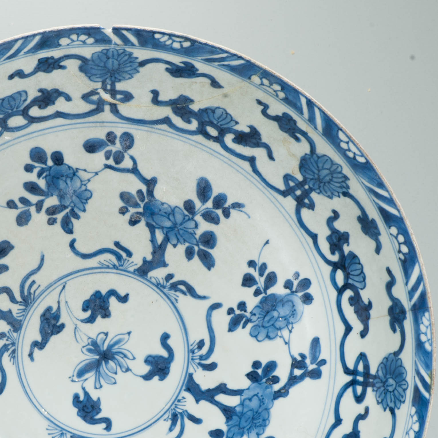 Antique Chinese Kangxi Blue White Porcelain Large Charger Floral Dish Marked