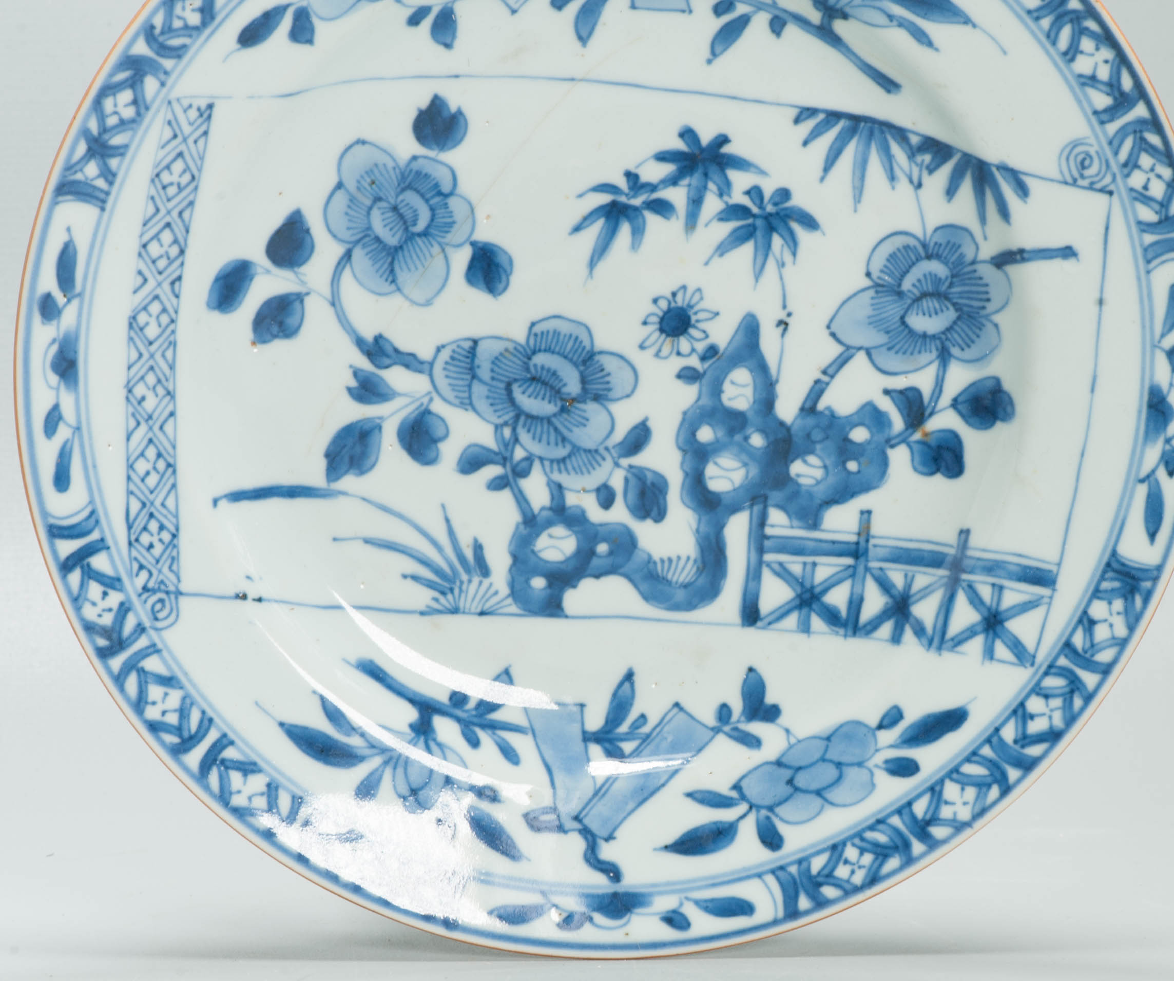 Antique Chinese Kangxi Blue & White Porcelain Plate Floral Scroll Garden c. 1700 - Image 3