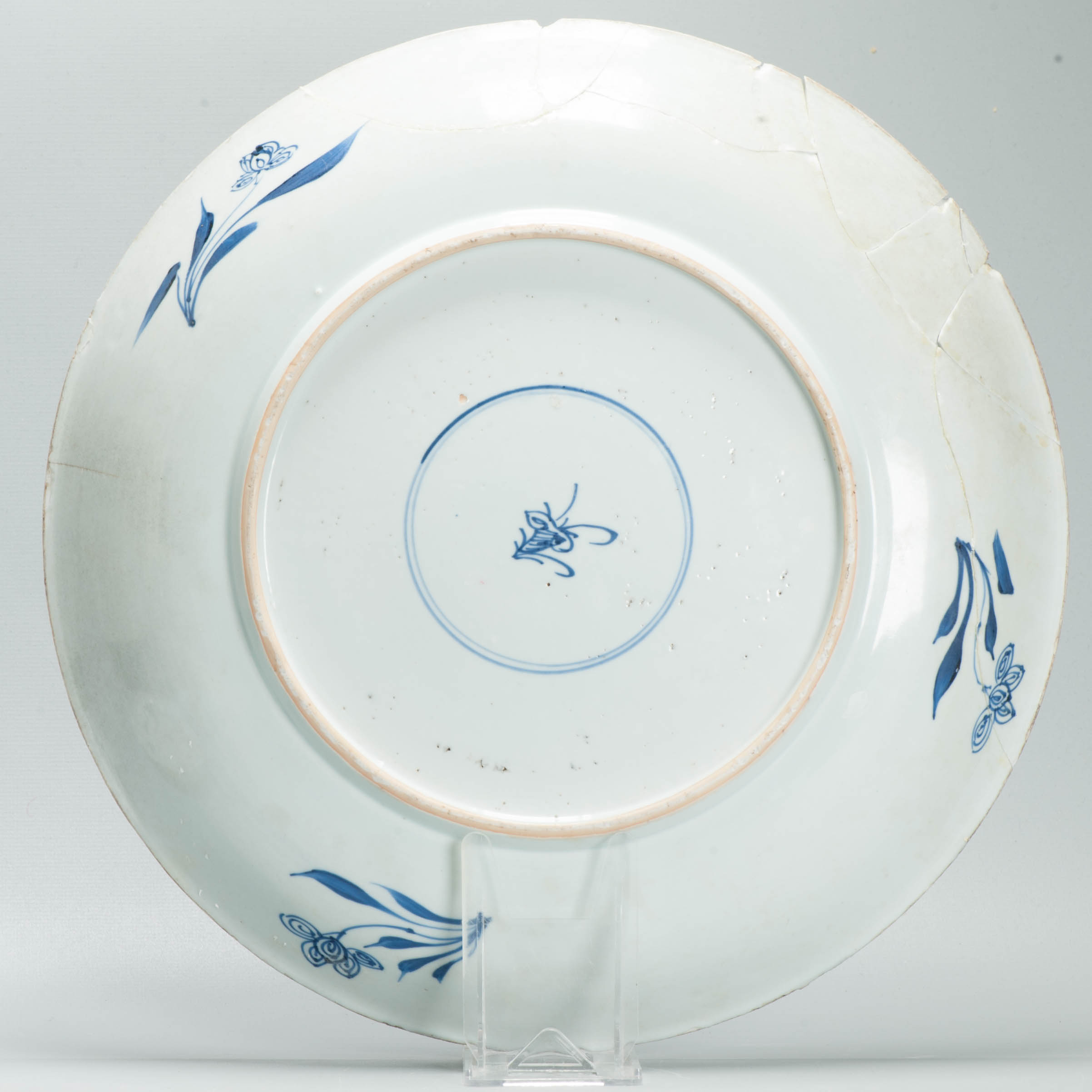 Antique Chinese Kangxi Blue White Porcelain Large Charger Floral Dish Marked - Image 3