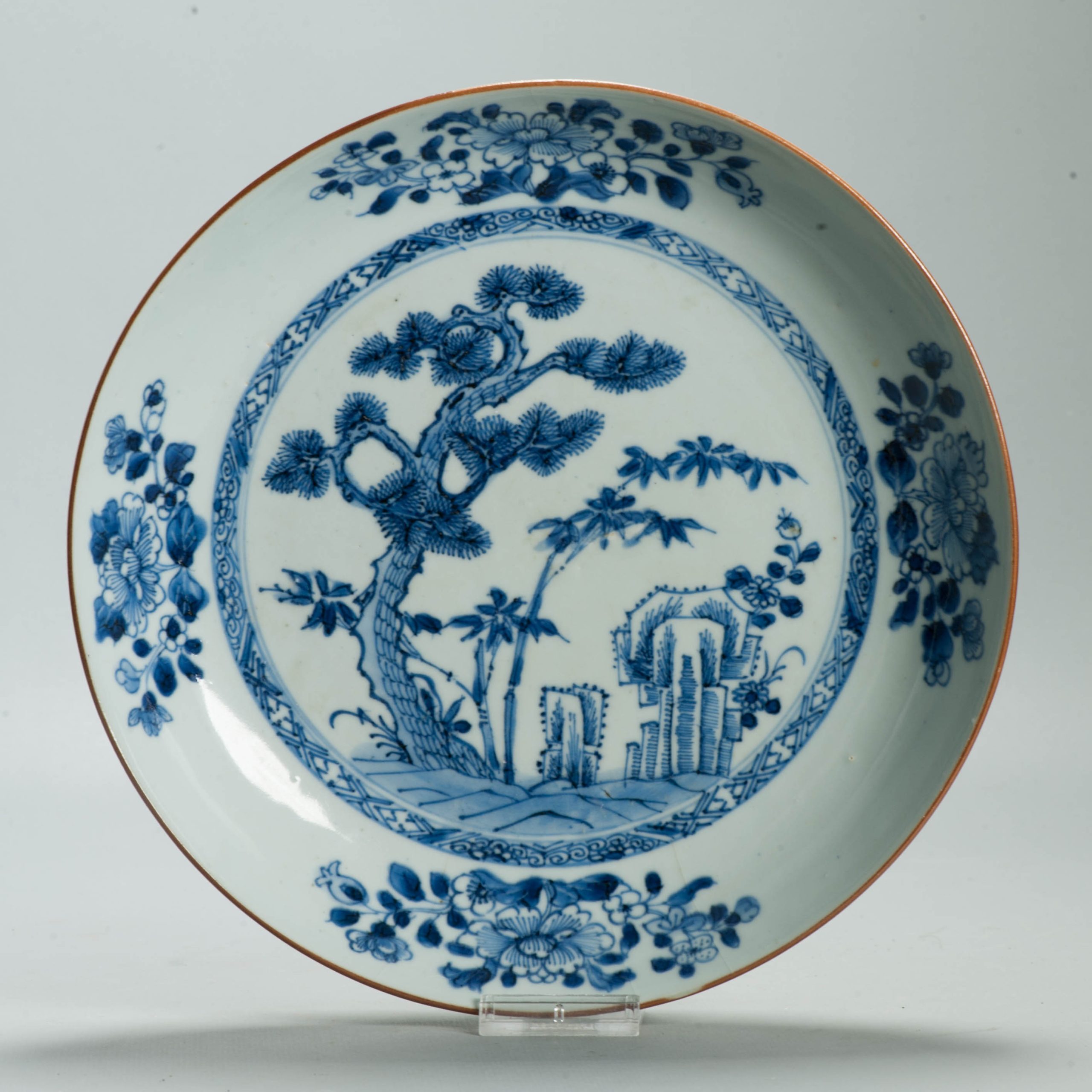 Antique ca 1700 Kangxi Blue and White Floral dish Chinese Porcelain Marked Base