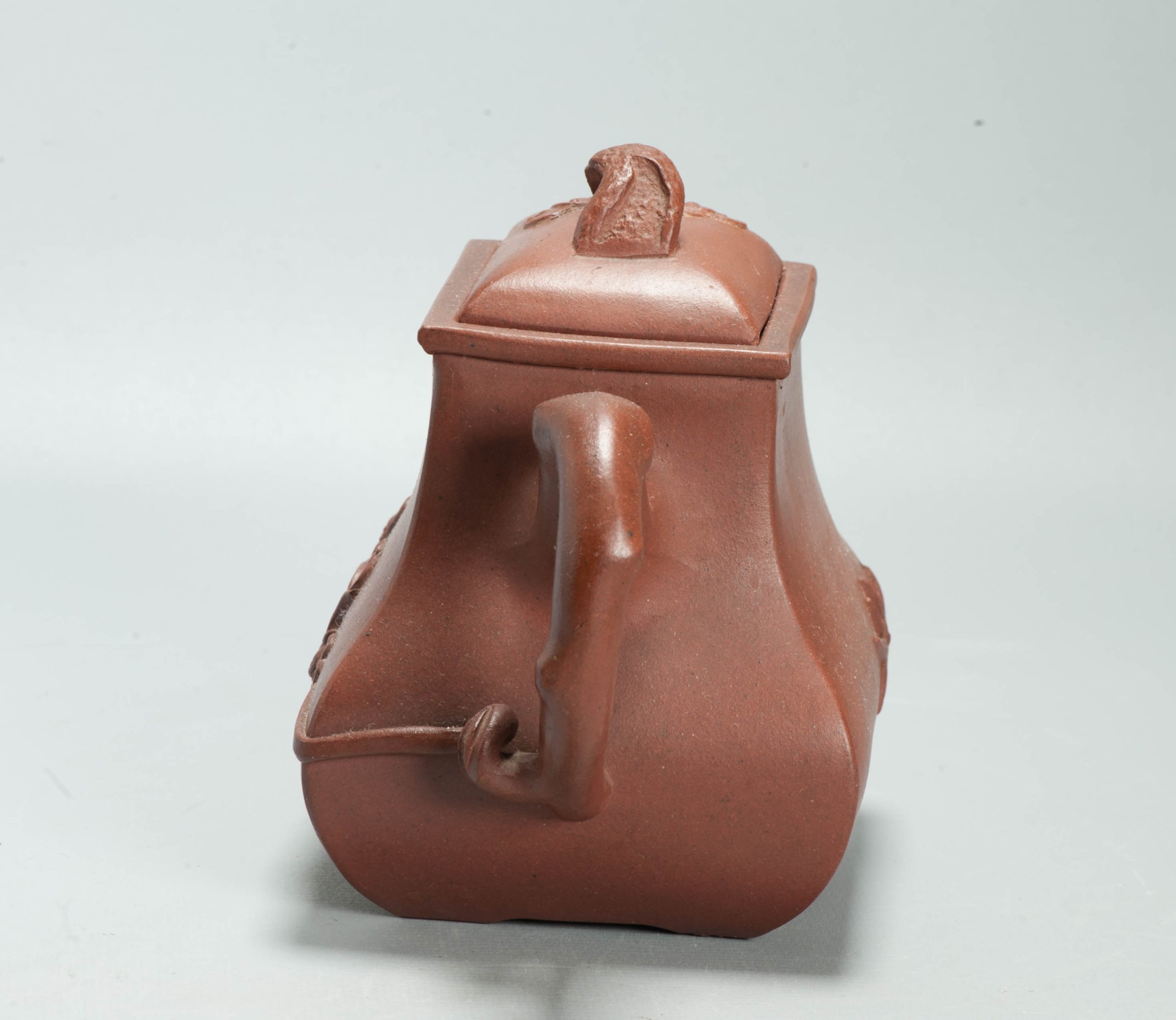 Vintage Chinese Yixing Zisha Clay Teapot Square Form Bamboo Flowers 20th Century - 图片 3