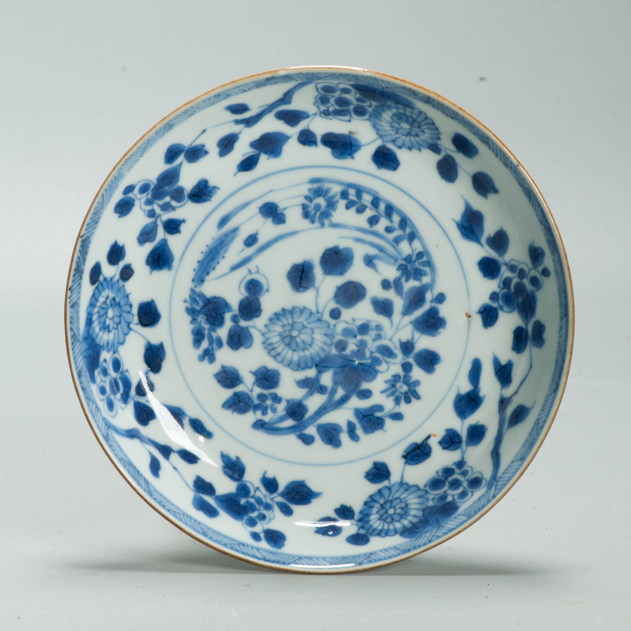 13.7CM Antique Chinese Kangxi Blue & White Porcelain Dish Floral Brown Rim