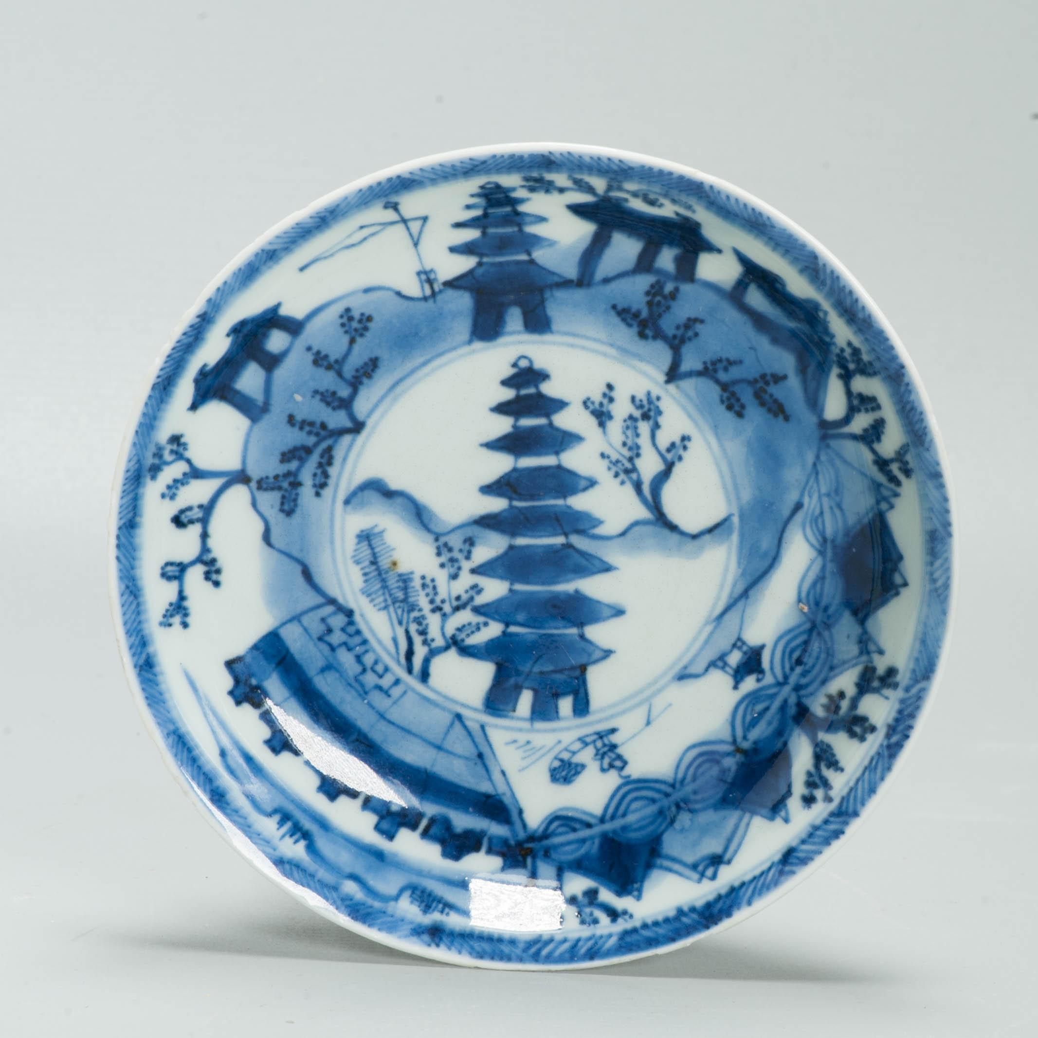 Antique Chinese Kangxi Blue & White Porcelain Small Dish Pagoda Landscape c.1700