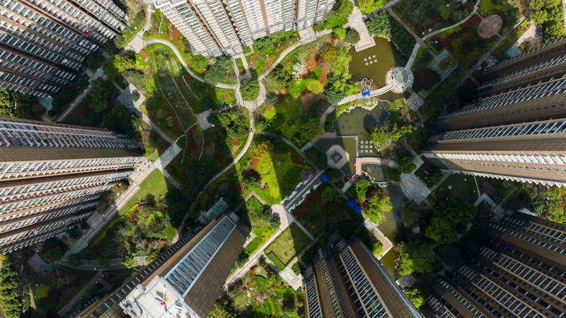 Photo looking down onto greenspace between tower blocks