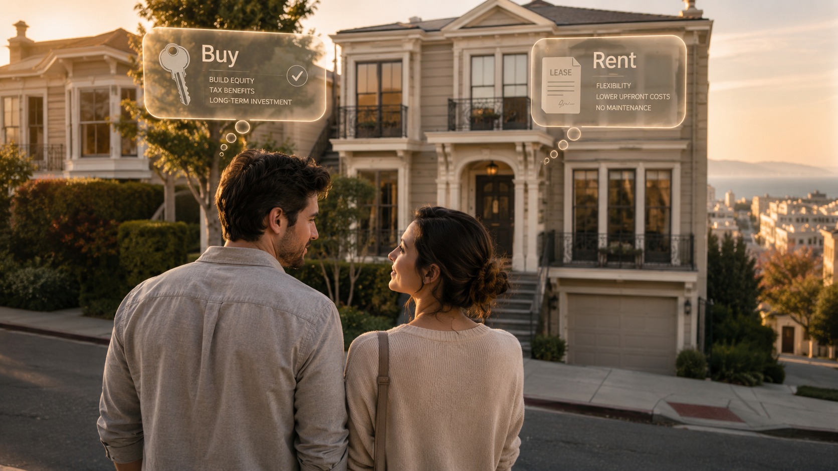 buy vs rent calculator visual of a couple outside a San Francisco home deciding whether to buy or rent