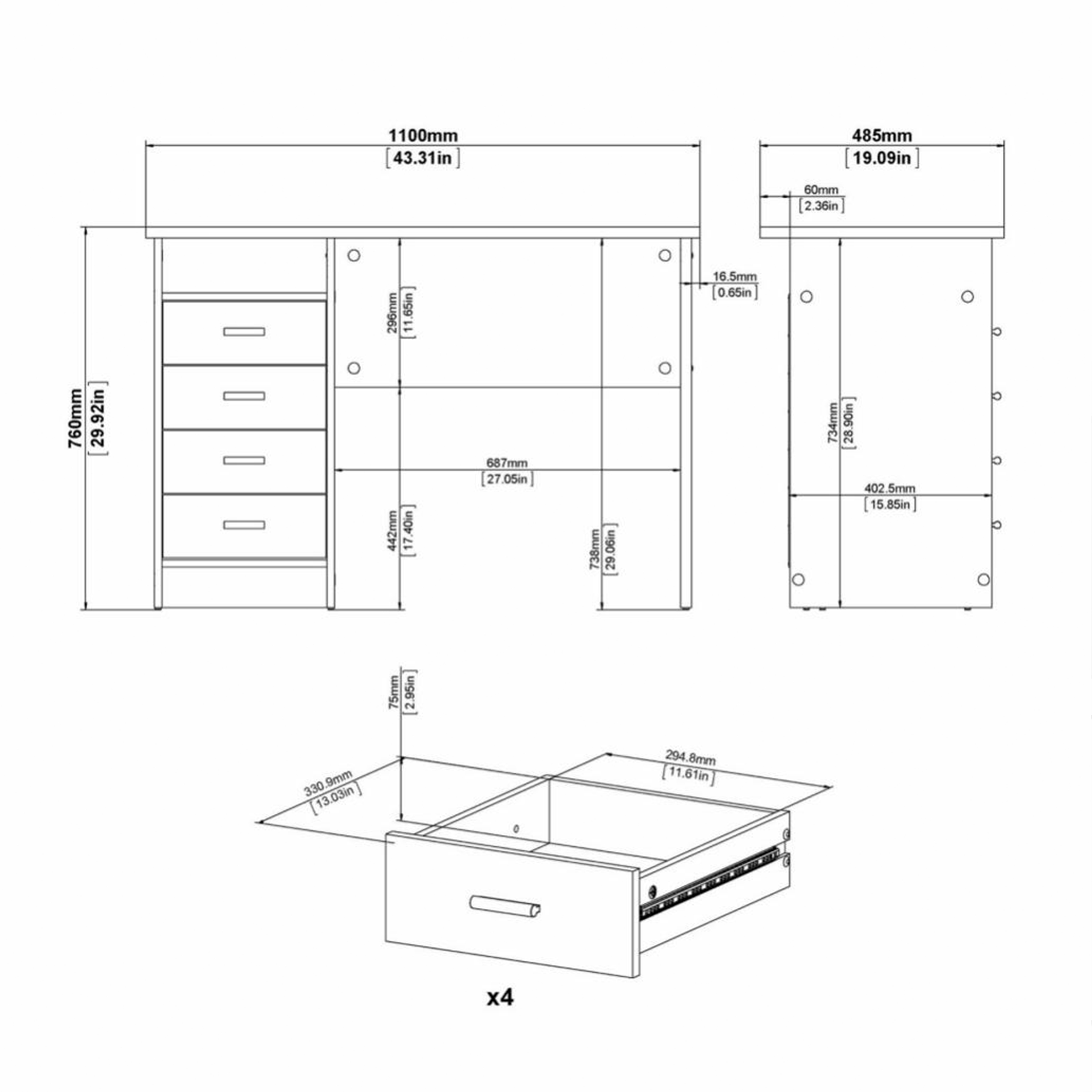 4 Drawer Desk with Storage - White or Oak 110cm Home Office Workstation - Picture 20 of 22