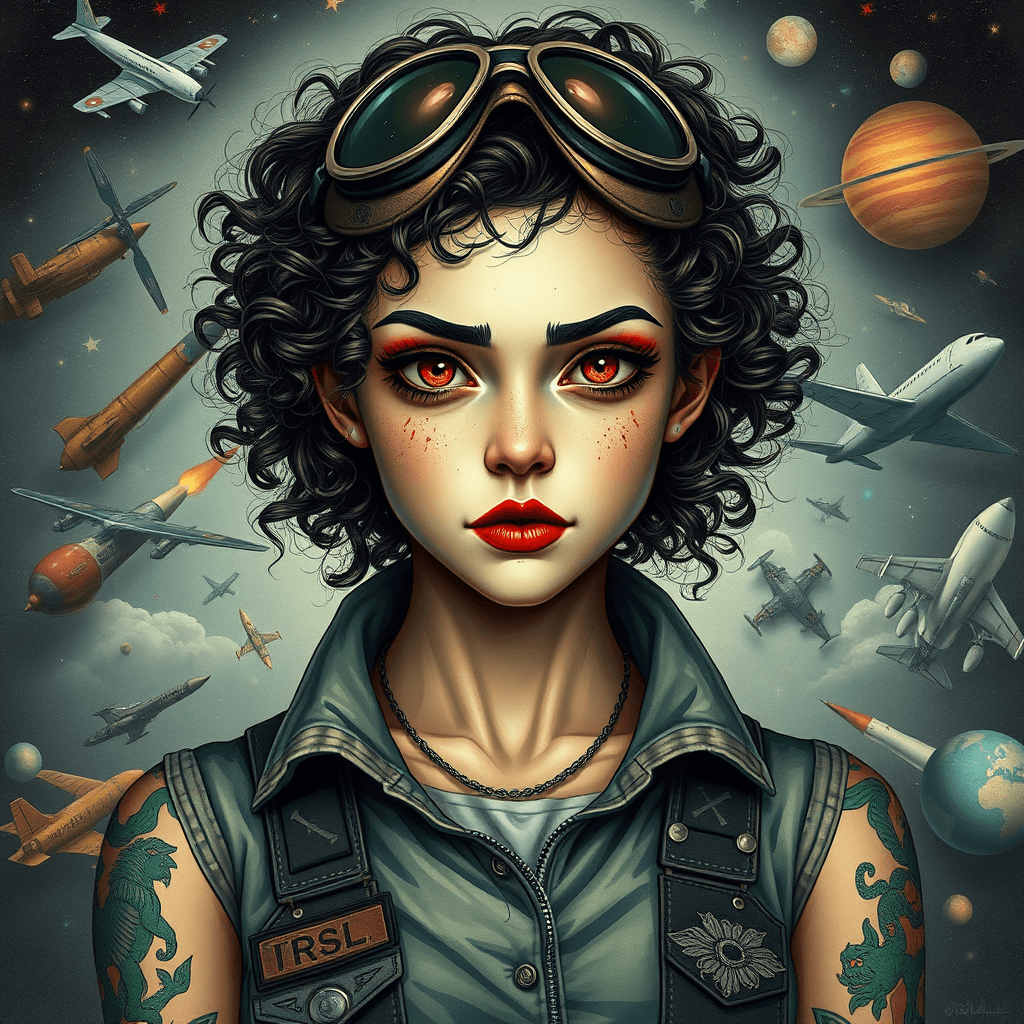 Fantasy Vampire Woman with Aviator Goggles and Cosmic Background