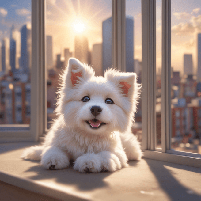 Charming 3D Anime Chibi White Tatra Shepherd Dog Yawning in Vibrant City Scene