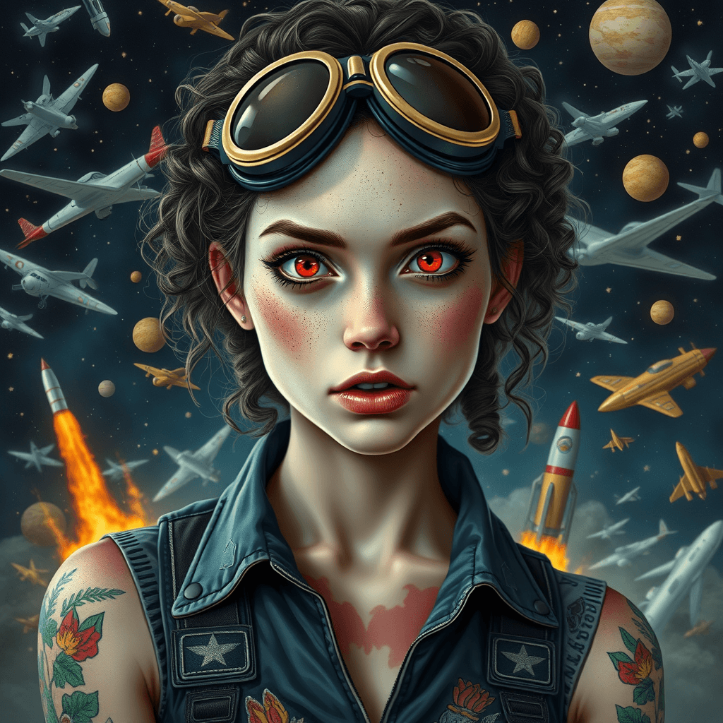 Fantasy Vampire Woman with Aviator Goggles and Cosmic Background