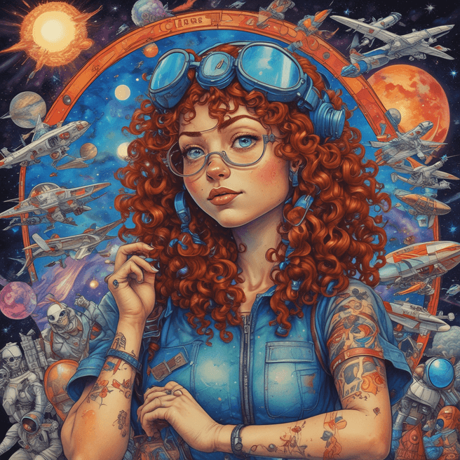 Curly-haired woman with aviator goggles and tattoos in cosmic aviation scene