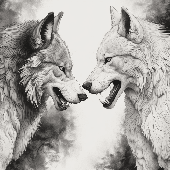 White and Black Wolves in Tense Standoff - Striking Illustration | Fulgent AI