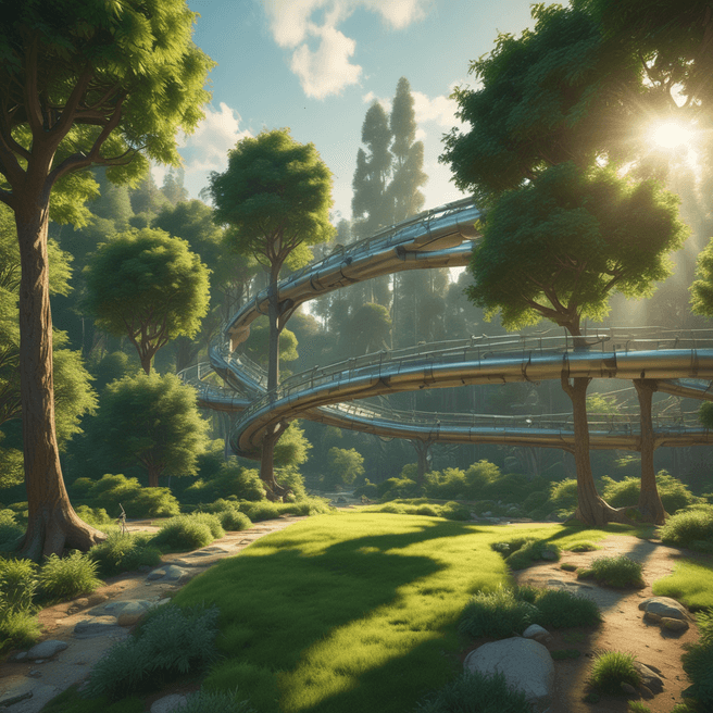 Emerald Futuristic 3D Render: Pixar Style Trees Infra with Radiant Sun Effect
