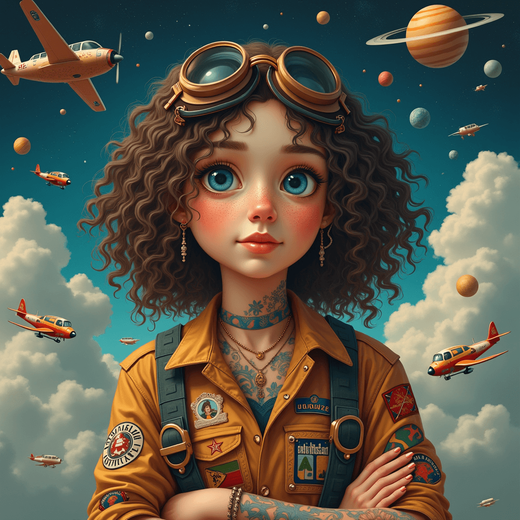 Photo-realistic woman with curly hair, aviator goggles, tattoos, and cosmic backdrop