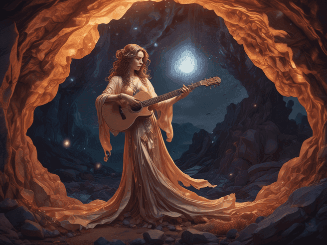 soulful singer, oilskin, firefly sword, vexing, Cave of glowing crystals, Serene sunset, by Felix Nadar, 3D Render, 3D Model, Glamor Shot, Pyrography, Infrared, Sketch, Bitter, Ink, Dadaist