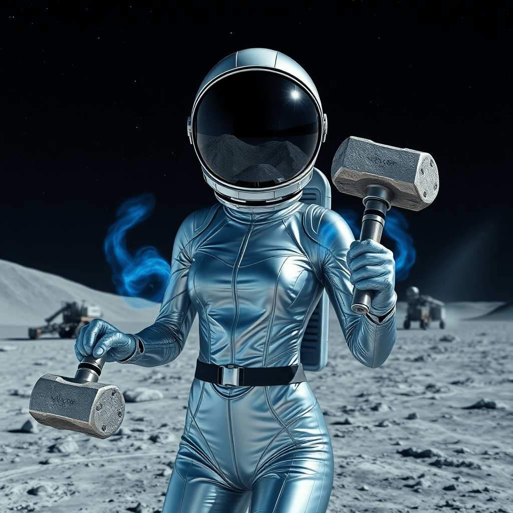 Sci-Fi Lunar Explorer in Futuristic Space Suit with Meteor Hammers