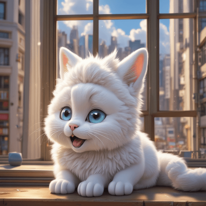 An enchanting 3D render of an adorable anime-style chibi white Tatra Shepherd cat, just waking up with eyes wide open and yawning, exuding a slightly grumpy and annoyed demeanor. The cat is surrounded by a vibrant, lively atmosphere, with sunrays piercing through clouds and a bustling city visible through the window behind her. The city life continues in the background, punctuated by singing birds, contributing to the energetic ambiance., 3d render, vibrant, anime