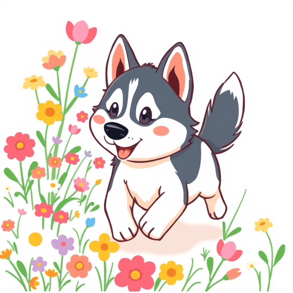 Charming Husky Illustration: Playful Dog in Field of Flowers | Fulgent AI