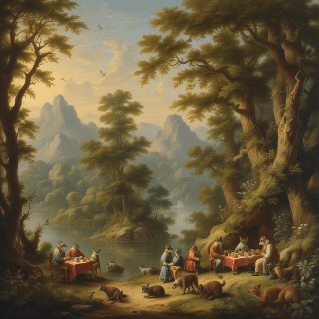 Enchanting Woodland Animals' Picnic by the Tranquil Lake