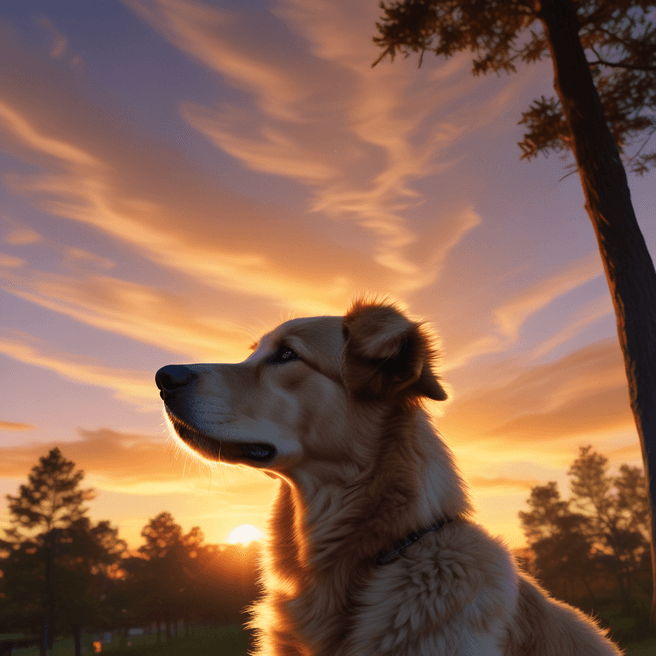 Golden Dog Close-Up Portrait in Breathtaking Sunset Landscape