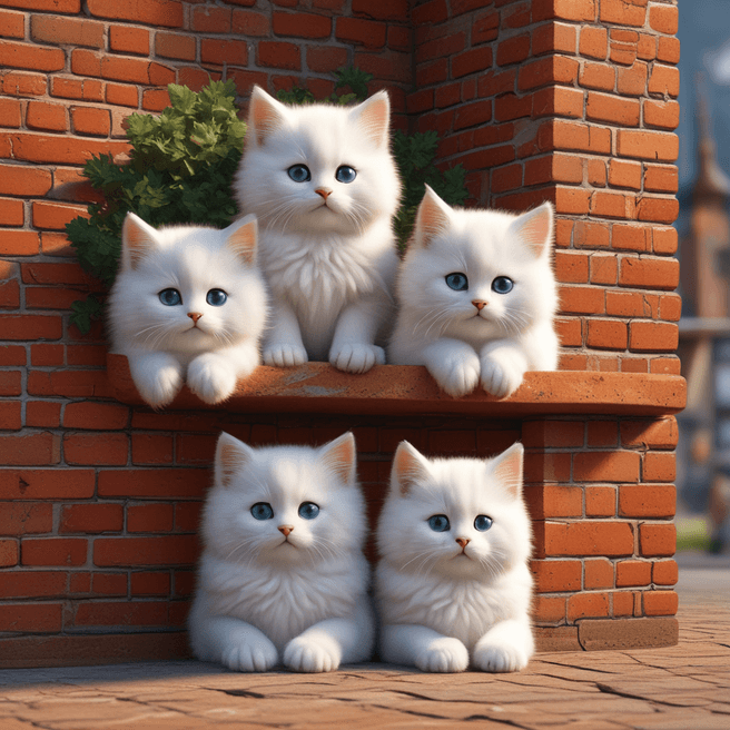Adorable Fluffy Kittens 3D Render: Heartwarming Kittens Stackled Behind Brick Wall