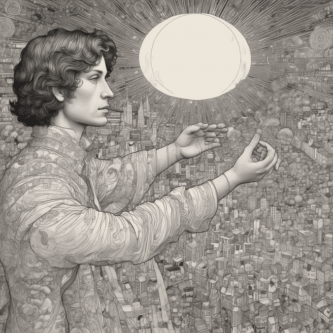 mind control master, mac, reality distortion field, Pointing with one arm extended and finger pointing, City of the sun, Firefly light, by Gustave Klimt, Detailed Render, 3D Model, Portrait, Paper-Mache, Infrared, Cel Shading, Melancholic, Ink, Graphic Novel