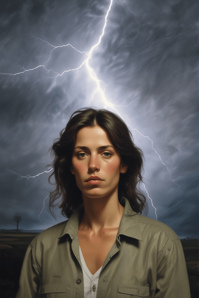 Captivating Woman's Self-Portrait with Striking Lightning Background