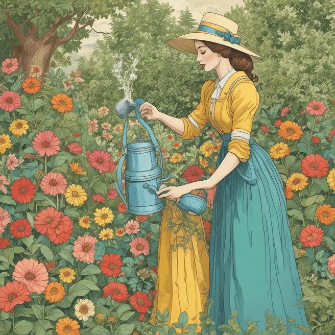 Vintage Portrait: Lady Watering Garden | Colorful Paper Art Illustration
