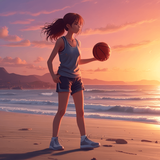 Anime Girl Playing Basketball at Sunset on Beach | 4K Detailed Character Art