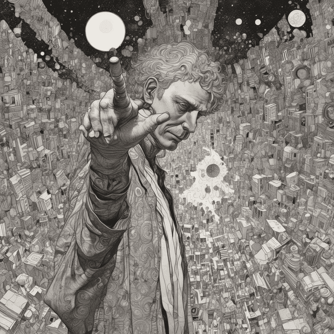 mind control master, mac, reality distortion field, Pointing with one arm extended and finger pointing, City of the sun, Firefly light, by Gustave Klimt, Detailed Render, 3D Model, Portrait, Paper-Mache, Infrared, Cel Shading, Melancholic, Ink, Graphic Novel