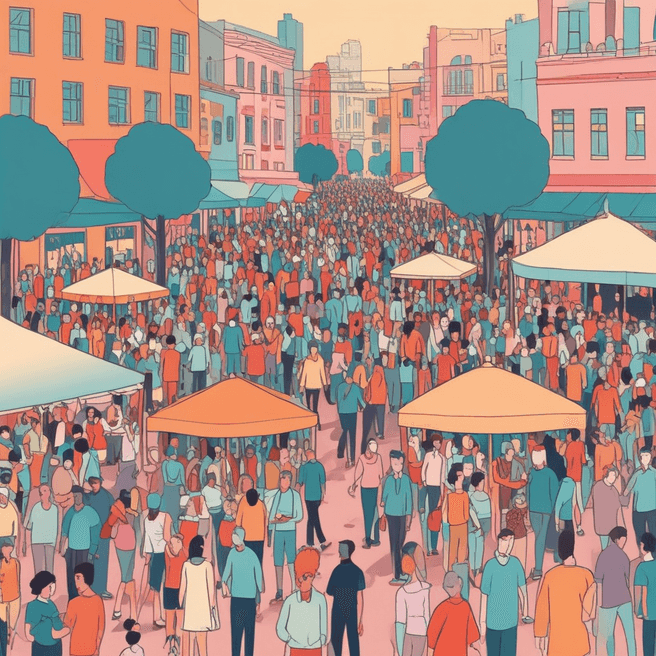 Vibrant Retro Street Festival Illustration - Cinematic & Fashionable Ambiance