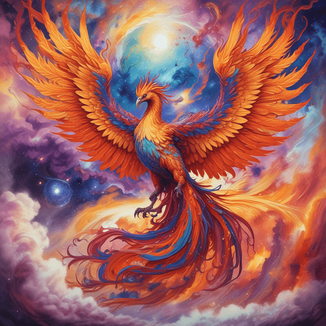 Fiery Phoenix Rebirth in Cosmic Nebula: Vibrant and Powerful Image