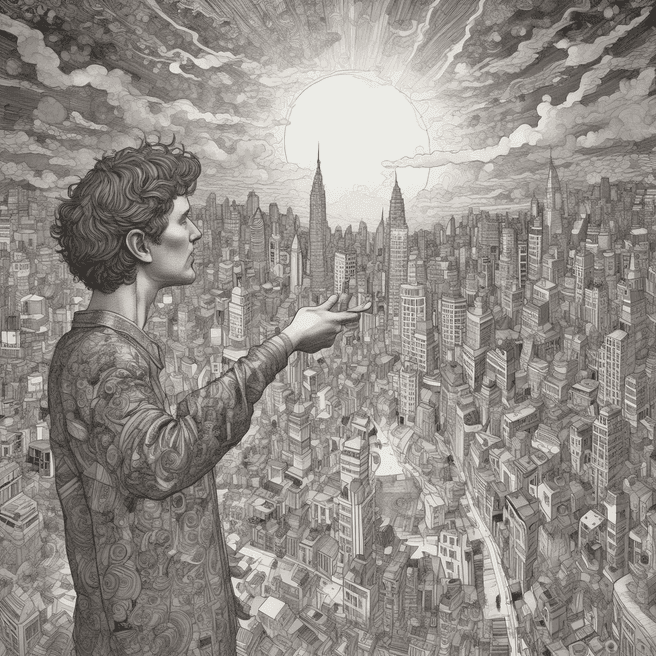 mind control master, mac, reality distortion field, Pointing with one arm extended and finger pointing, City of the sun, Firefly light, by Gustave Klimt, Detailed Render, 3D Model, Portrait, Paper-Mache, Infrared, Cel Shading, Melancholic, Ink, Graphic Novel