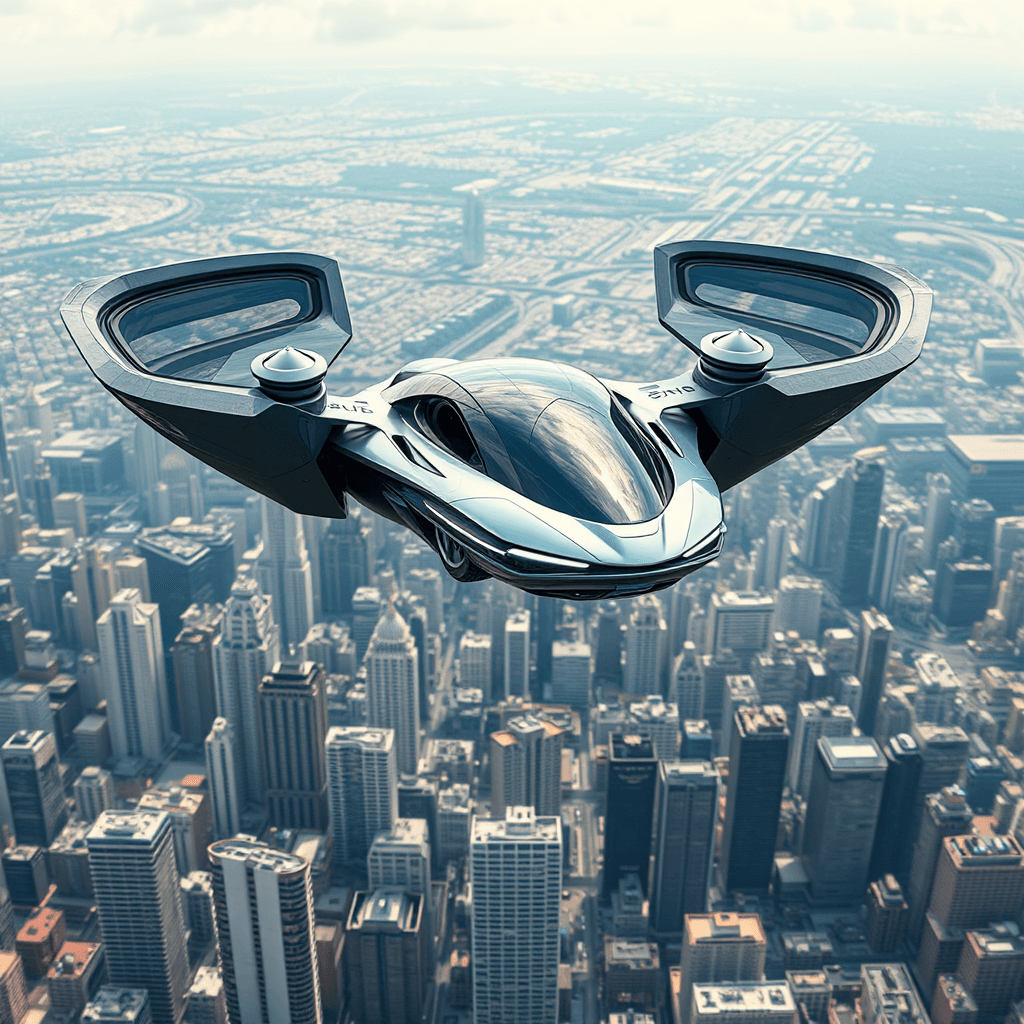 Futuristic Flying Car: Marvel of Future Engineering Soaring Above Cityscape