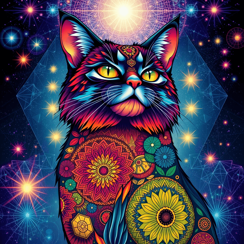Colorful Mandala Cat in Cosmic Universe | Alphonse Mucha Style