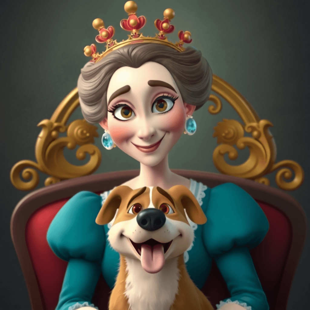 Royal Queen and Dog Portrait | Pixar-style Illustration for Fulgent AI