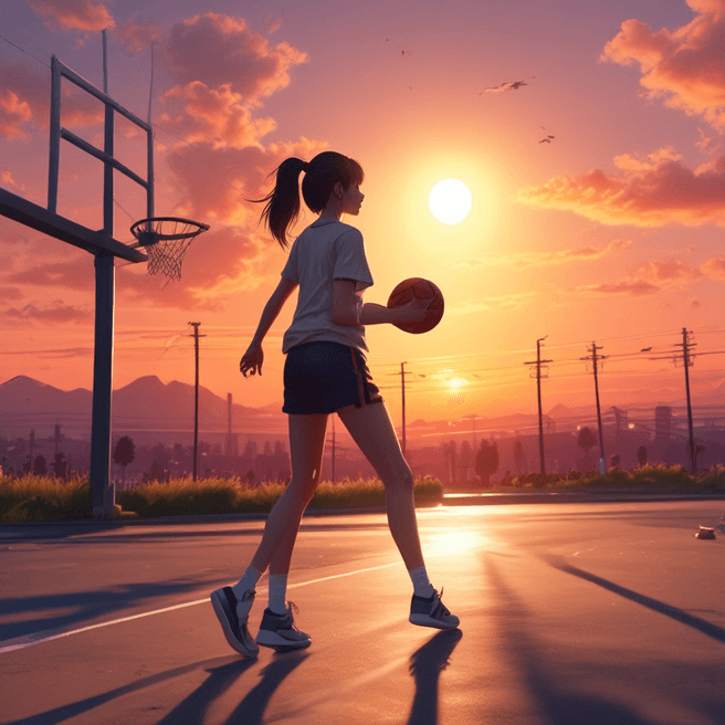 Anime Girl Playing Basketball at Sunset in 4K – Detailed Character Design with Full Body Art and Dynamic Action Pose