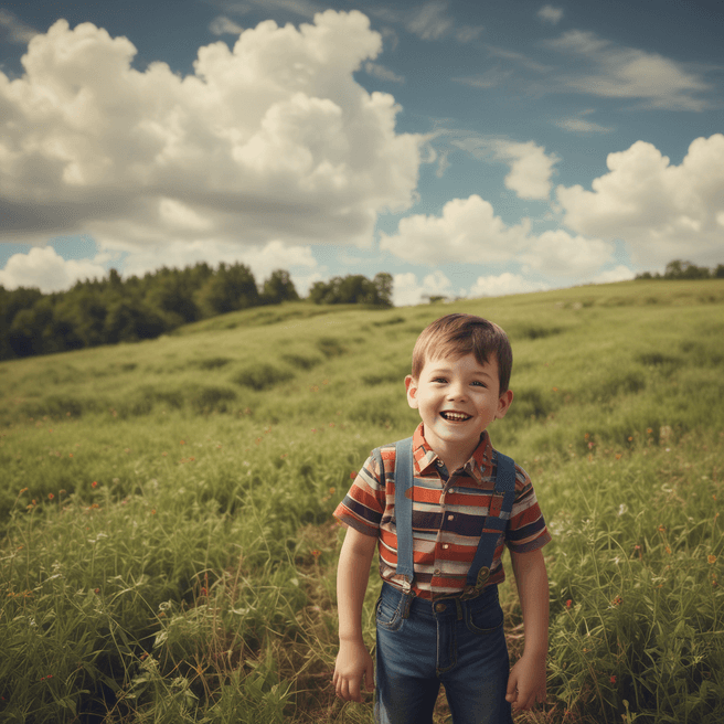 Pixar style Portrait of a boy playing in a field