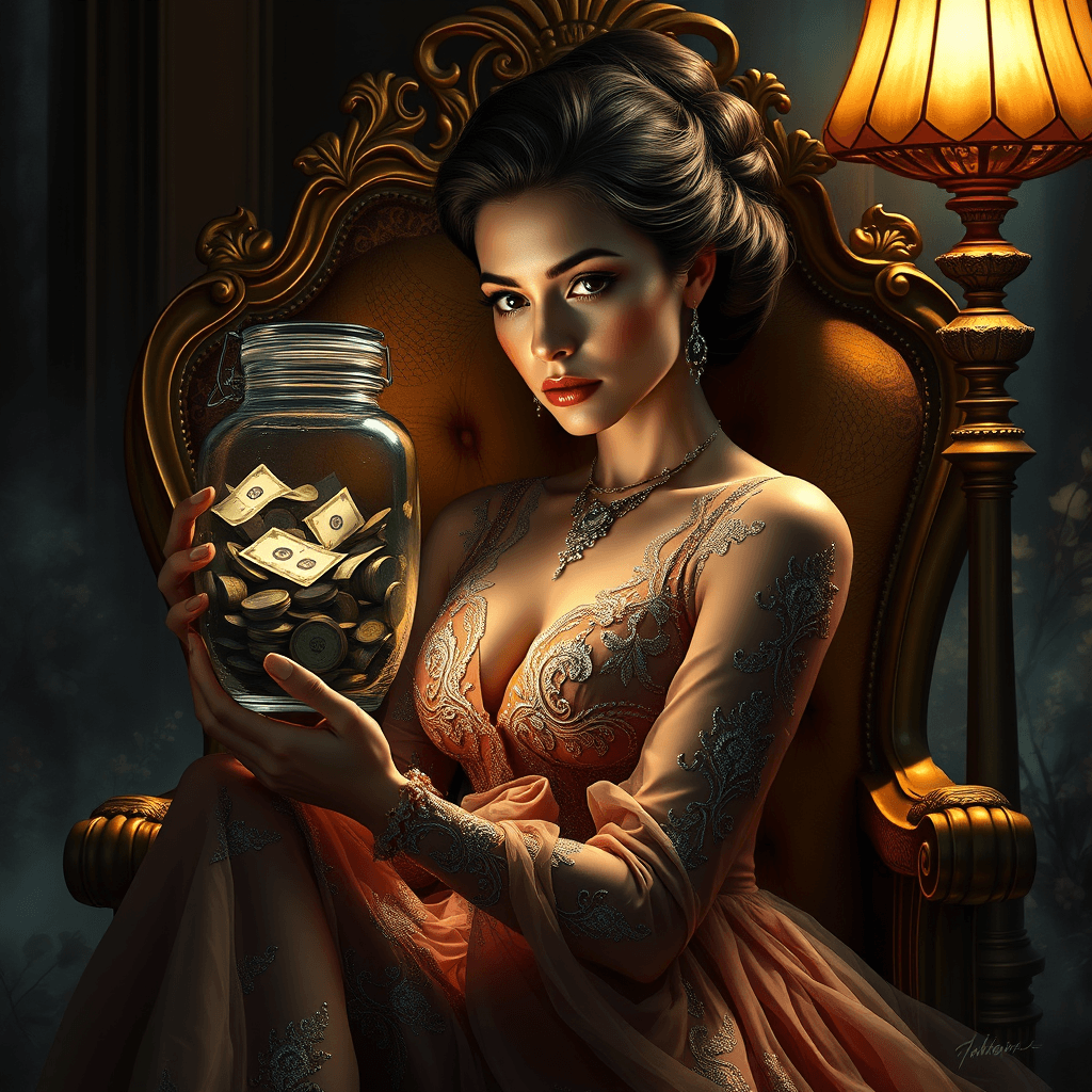 Fantasy Portrait of an Elegant Woman Contemplating Money in Luxurious Setting