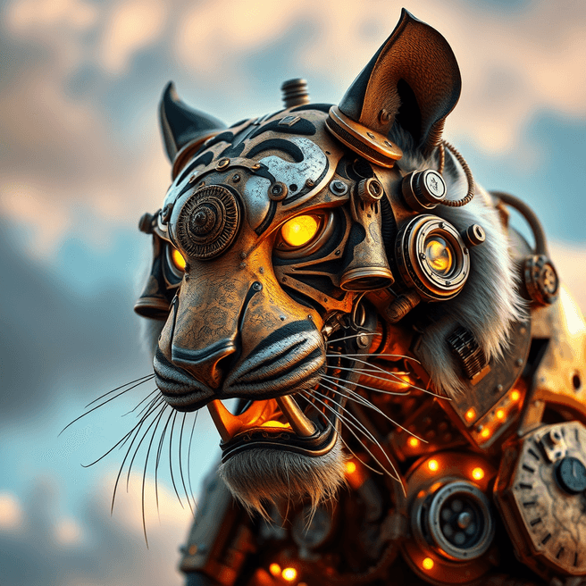 Steampunk Sabertooth Tiger: Hyperrealistic Wildlife Art