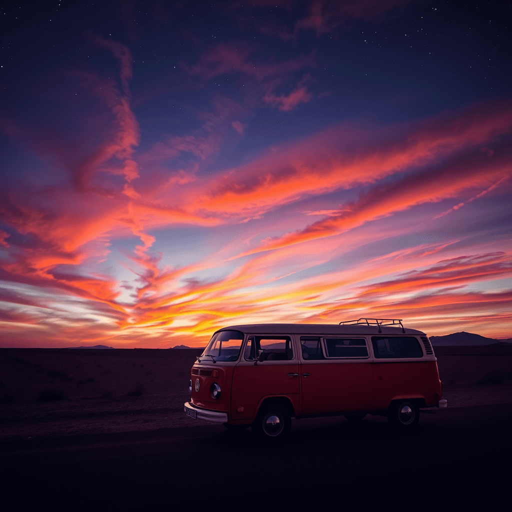 Enchanting Night Sky with Vintage Volkswagen Van: Serene Desert Sunset Scene