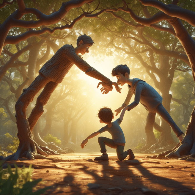 Enchanting Pixar Style 3D Render: Tree Branch Hands in Sunlight