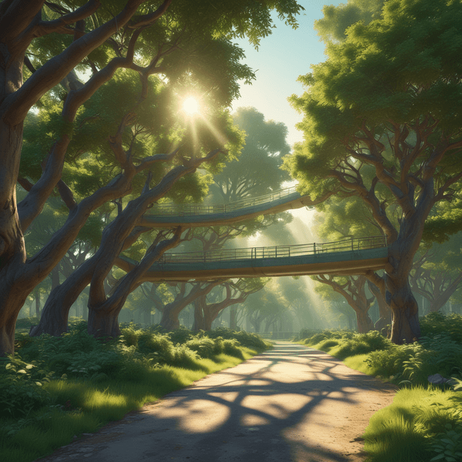 Futuristic 3D Pixar Tree City in Sunlit Green Landscape - 4K