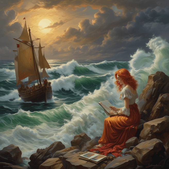 Vibrant Woman Painting Sailboat Amidst Stormy Sea - Fulgent AI