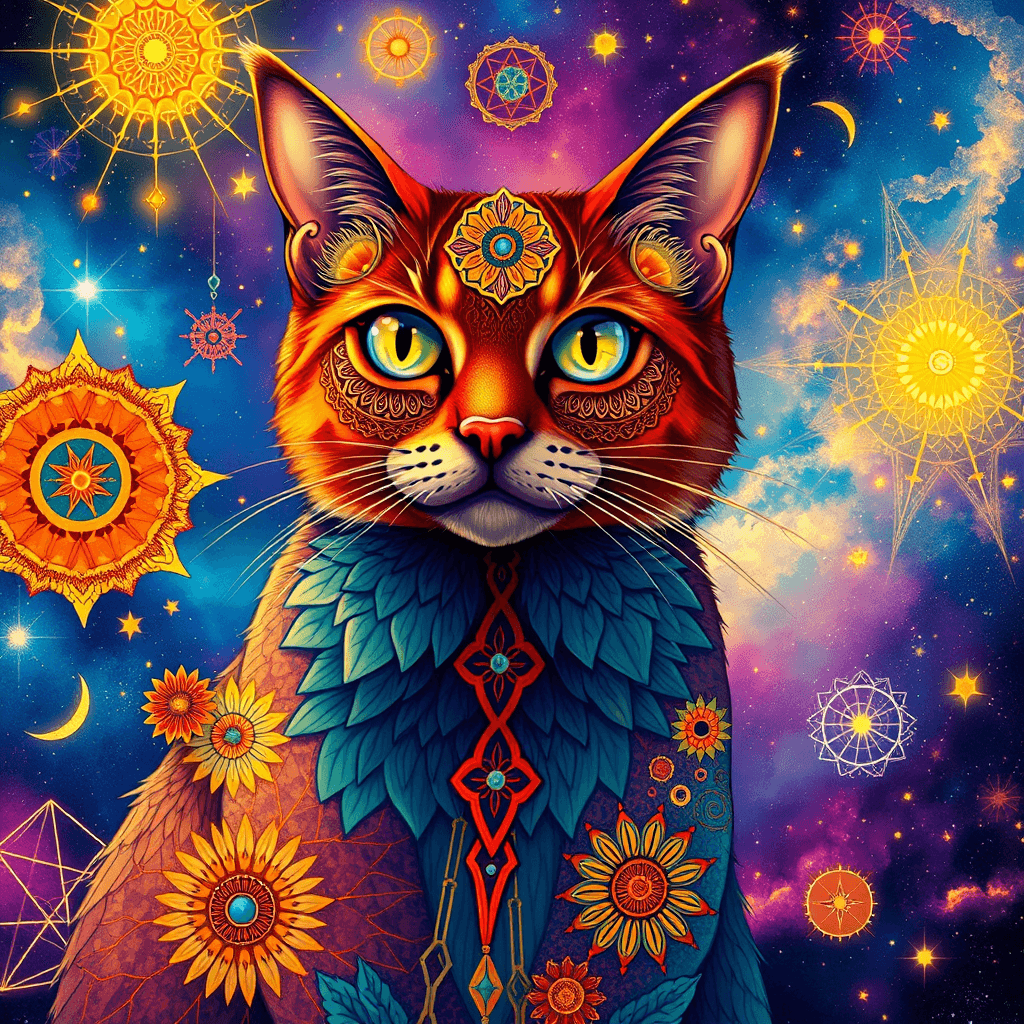 Colorful Cat with Mandalas in Cosmic Universe | Magical Art
