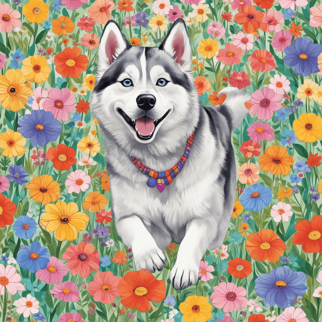 Playful Husky Illustration: Whimsical Kid's Style Art of Dog Running Amid Flowers