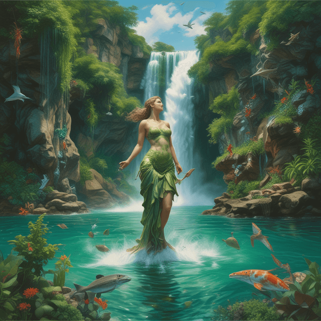 Majestic Waterfall Sculpture: Surreal Stone Woman Emerging from Water