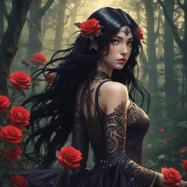 Captivating Dark Fantasy Anime Woman in Enchanting Cinematic Setting