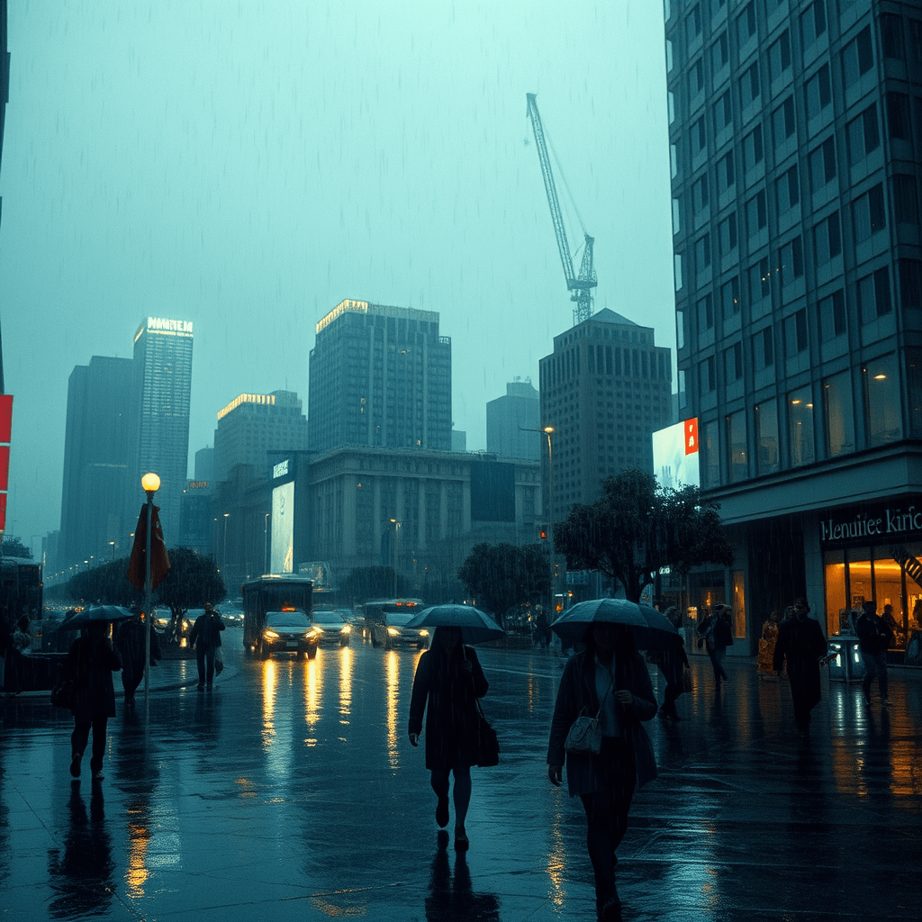 Rainy Cityscape: Moody Night Scene with Glowing Lights & People in Raw Style