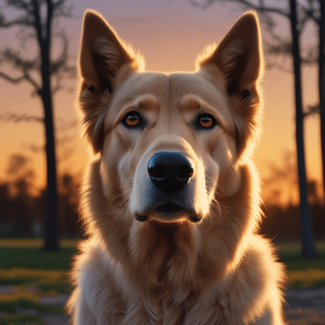 Golden Dog Close-Up Portrait in Breathtaking Sunset Landscape