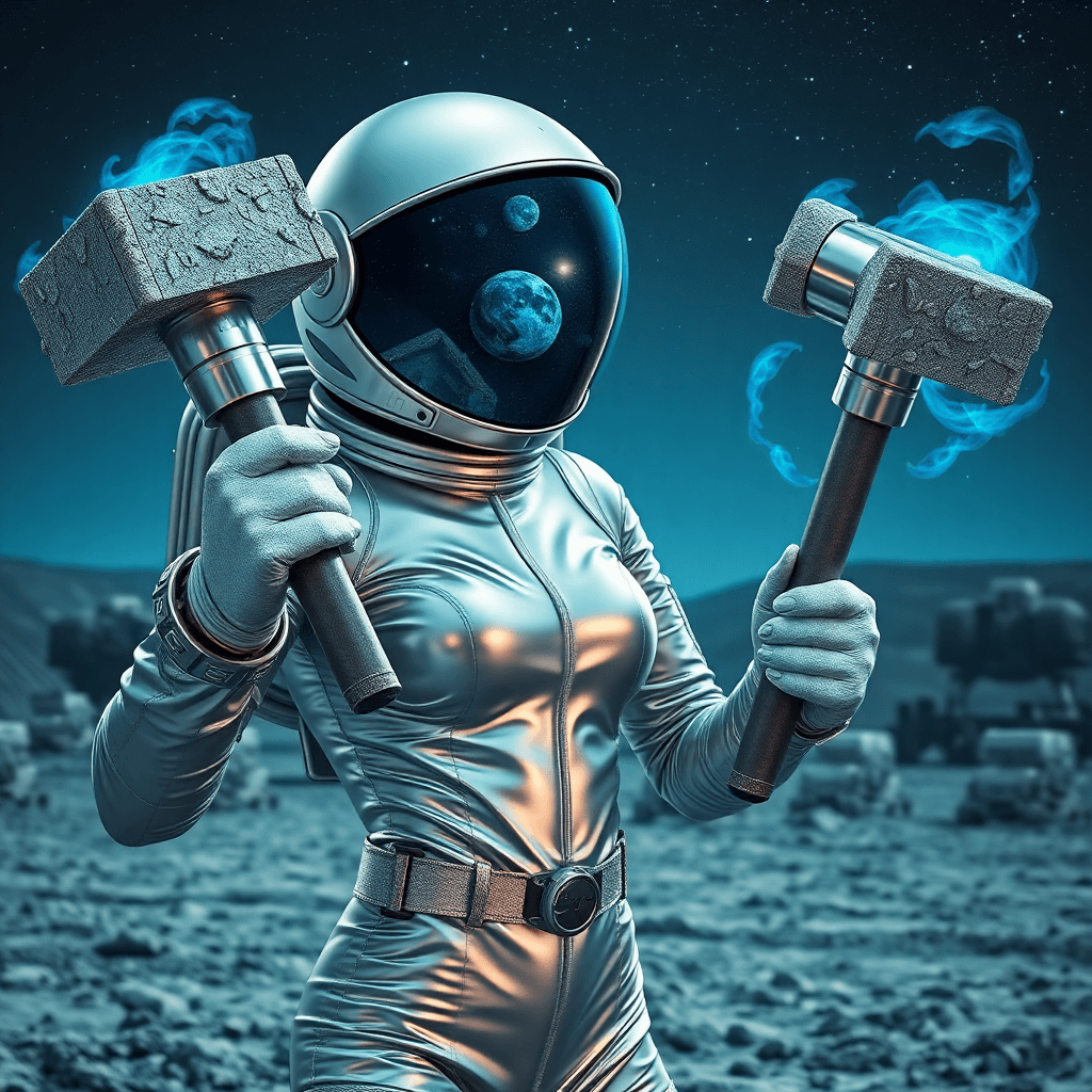Sci-Fi Lunar Explorer in Futuristic Space Suit with Meteor Hammers